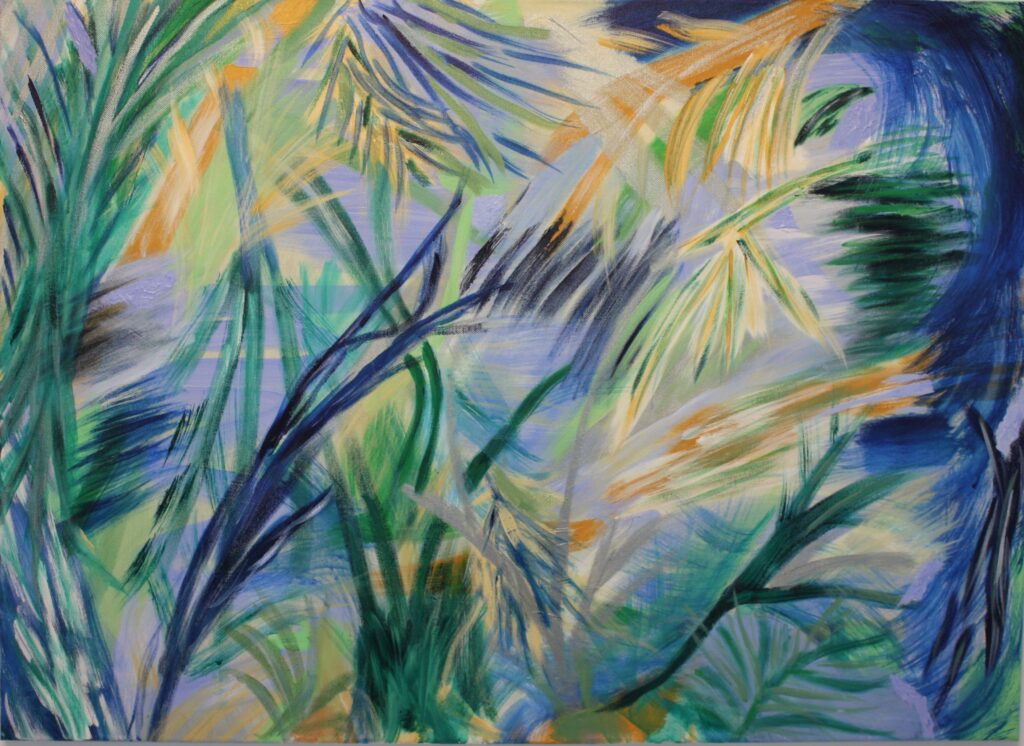 A piece of my unique abstract art entitled "Jungle Surprise" by the creator, Scottish artist Lyn Pettigrew